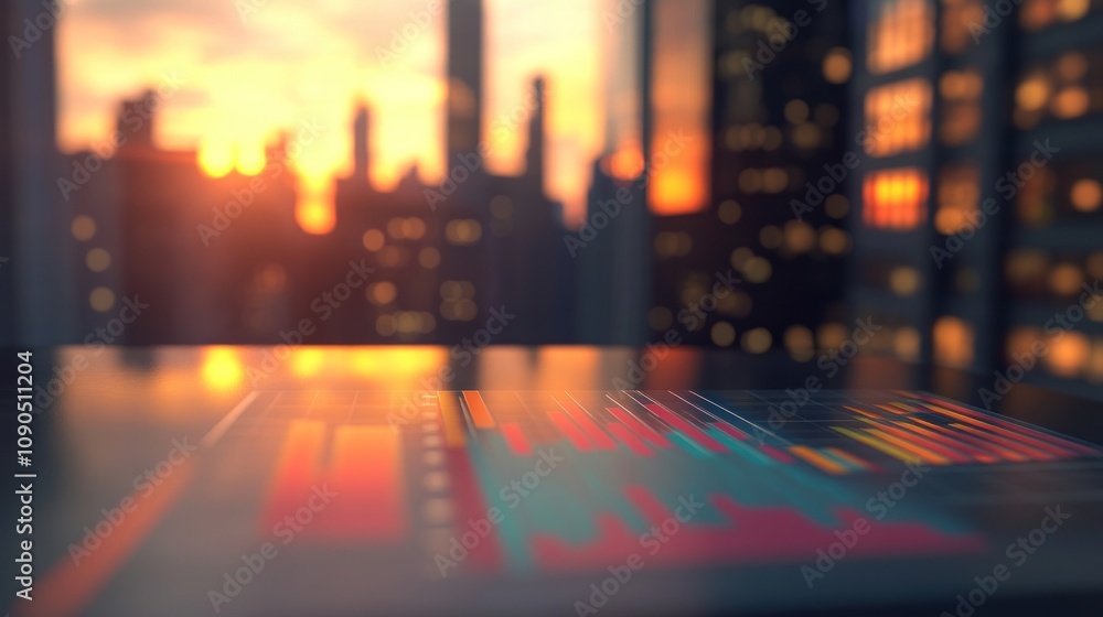 Poster A digital interface displaying data analytics against a sunset cityscape backdrop.