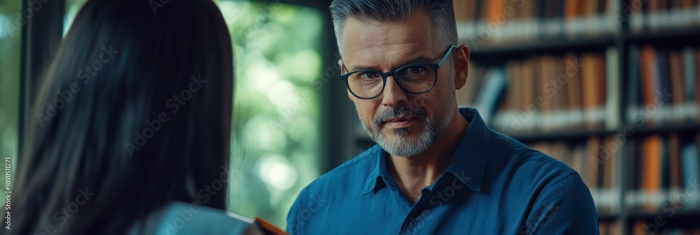 Poster a man in glasses engages in conversation with a woman in a library setting.