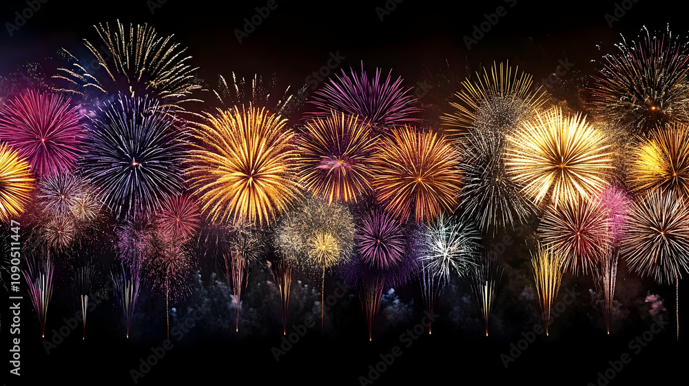 Poster a night sky filled with colorful fireworks displaying a series of exploding stars over a dark backgr