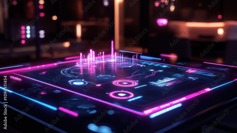 Poster A futuristic interface displaying data visualizations and analytics in vibrant colors.
