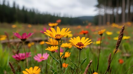 Obraz premium Vibrant wildflowers blooming in scenic field nature photography serene landscape close-up view
