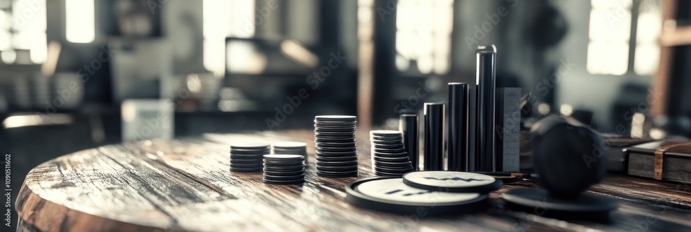 Poster A collection of coins and cylindrical objects arranged on a wooden table.