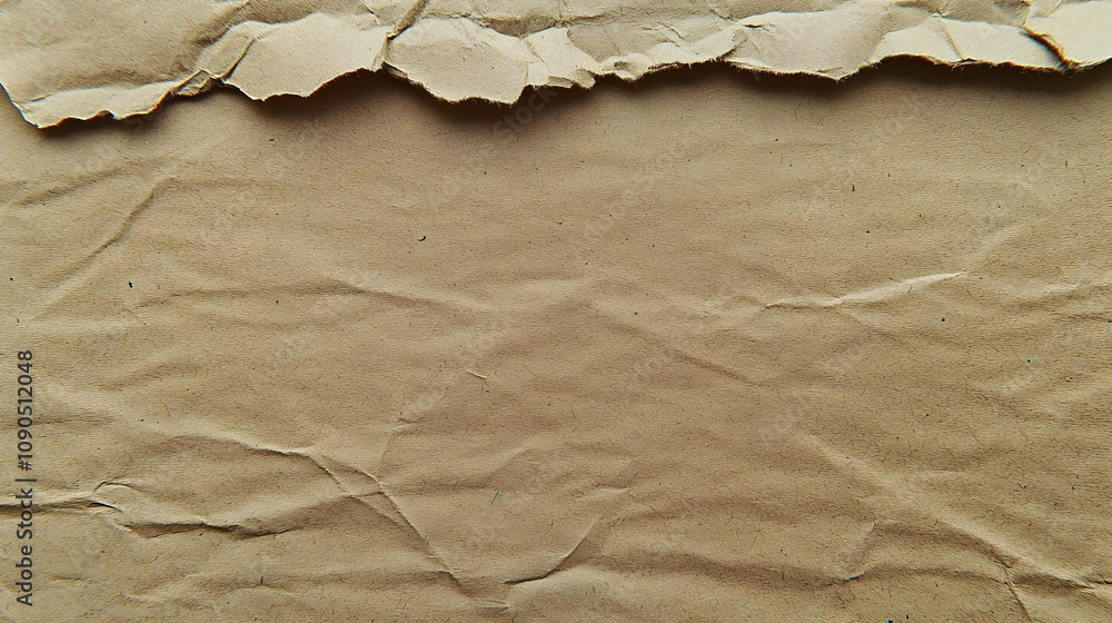 Aufkleber close-up photograph of a crumpled brown paper texture with a torn edge, displaying a rustic and orga