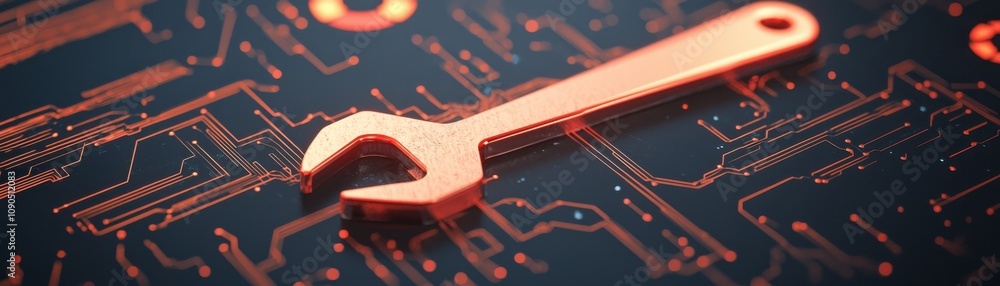 Poster a close-up of a copper wrench resting on a dark, patterned circuit board, symbolizing the intersecti