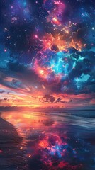 Fototapeta premium A vibrant and colorful sunset sky with stars reflecting in the water on a beach.