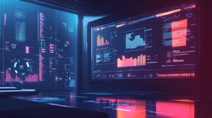 Obraz premium Futuristic control room with data displays and visual analytics.