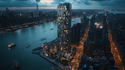 Fototapeta premium Futuristic Skyscraper with Angular Design and LED Lighting