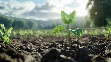 Fototapeta premium A young green plant emerges from the dark soil, surrounded by rows of crops under a sunny sky.