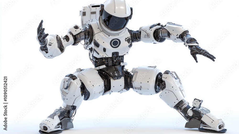 Poster A humanoid robot in a dynamic pose, showcasing advanced technology and design.