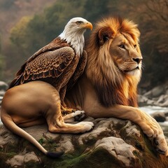 Regal Lion and Eagle Resting Together in a Serene Forest Scene