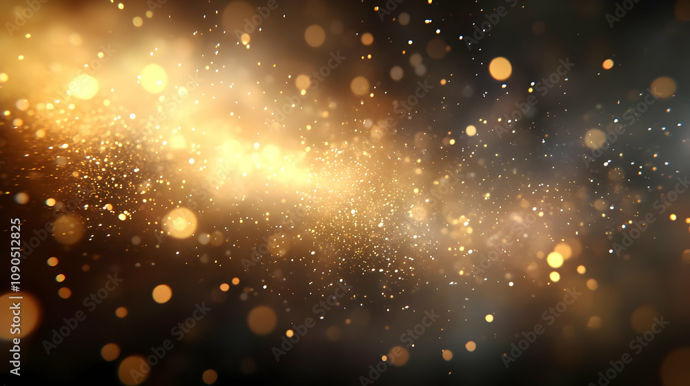 Poster abstract golden bokeh background with sparkling dust particles shimmering on a dark background