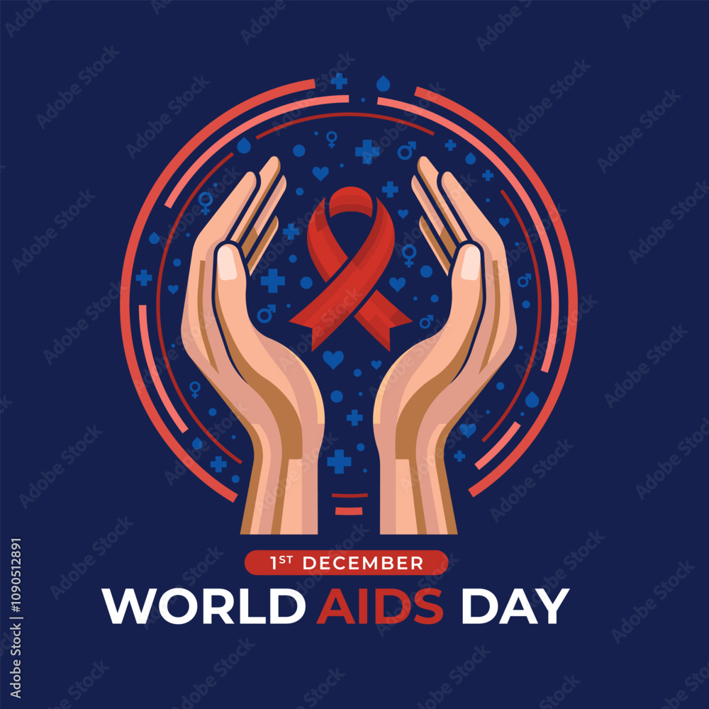 Poster world aids day - abstract hands hold up red ribbon sign in circle line shape on dark blue background