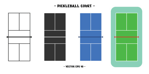 set of pickleball court designs, available in striped, solid black and green striped styles. editable vector eps 10.