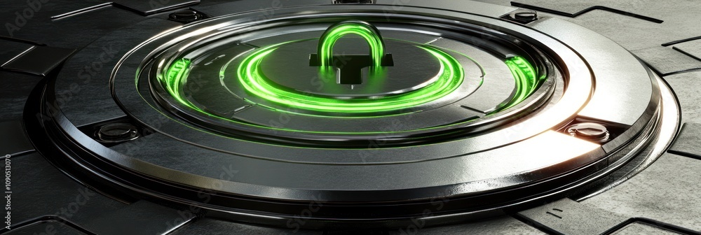 Aufkleber A futuristic circular device with a glowing green element on a metallic surface.