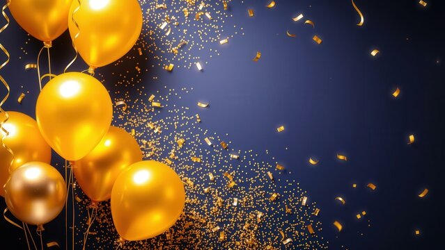 Celebrate in Style with Golden Balloons and Sparkling Confetti against a Dark Blue Background - Perfect for Party Invitations, Greeting Cards, and Event Decorations