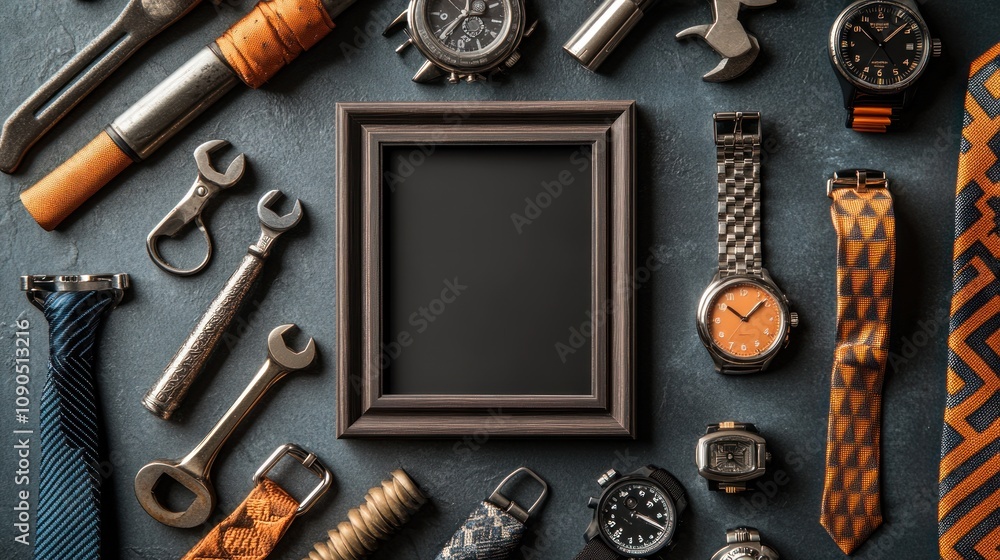 Poster a collection of watches and tools arranged around a blank picture frame.