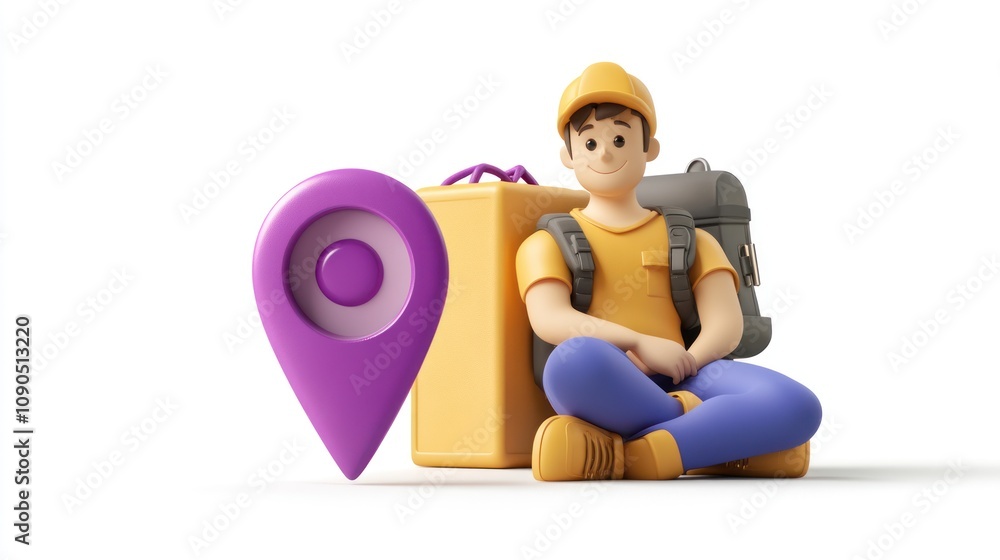 Poster A 3D character with a backpack and a delivery box next to a location pin.