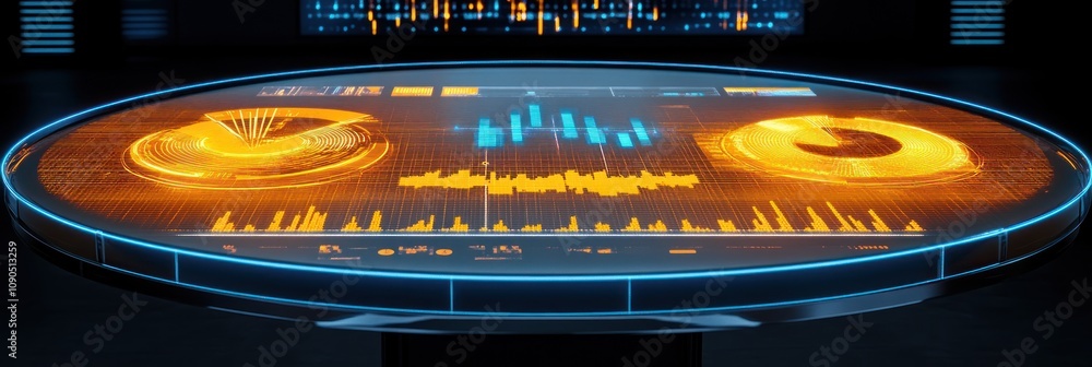 Aufkleber Futuristic interface displaying data visualizations and analytics on a circular table.