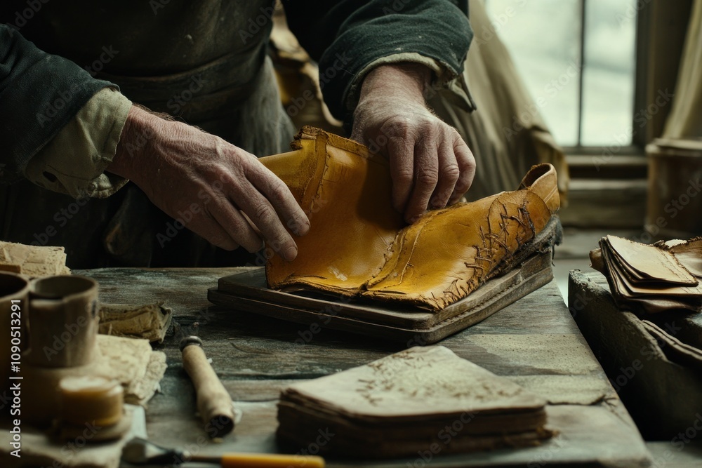 Poster a craftsman assembling leather pieces for shoemaking in a workshop.