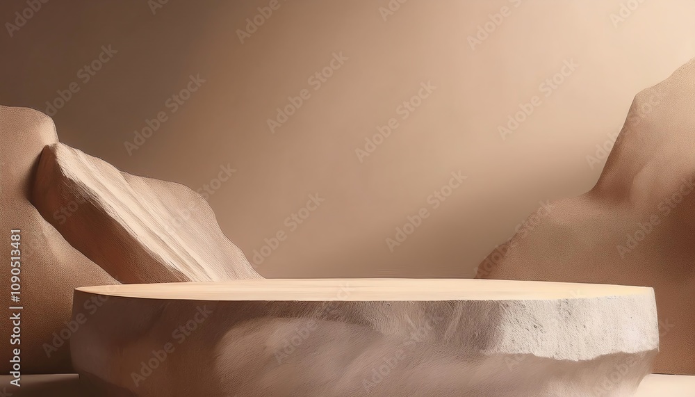 Poster a minimalist display featuring a textured, circular platform surrounded by soft, earthy forms, creat
