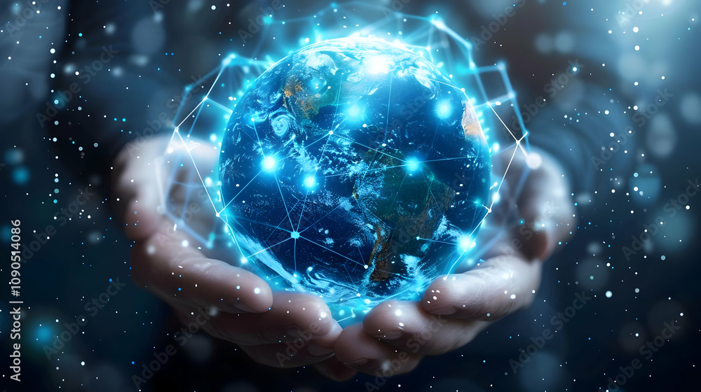 Poster a closeup view of a 3d rendering of the earth with glowing lines connecting different points on the 