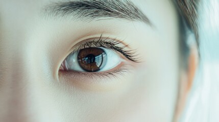 Obraz premium Close-up of a human eye showcasing intricate details and reflections.