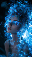 Fototapeta premium Sensual Woman Succubus, at night in blue light, glowing. AI generative
