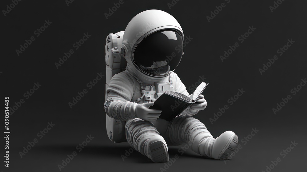 Poster a minimalist astronaut figure sitting and reading a book against a dark background.