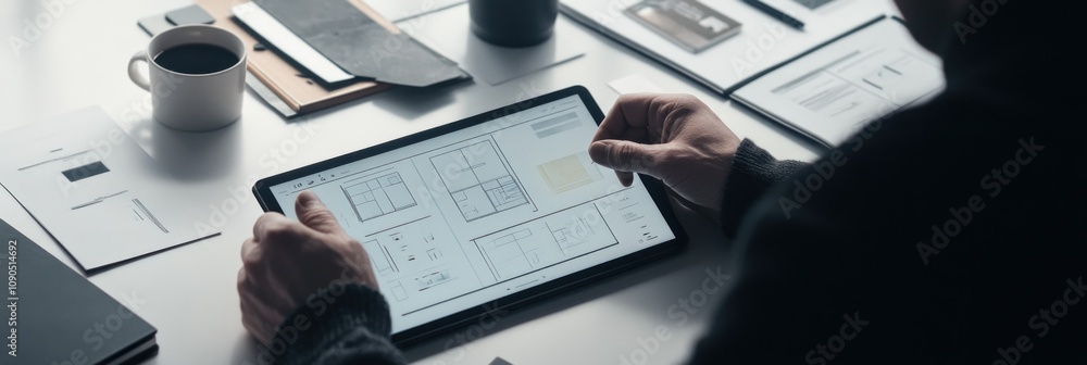 Poster A person using a tablet to review designs on a workspace filled with papers and a coffee cup.