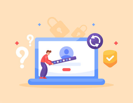 change password concept. update or change account security and protection system. system and lock code. illustration of man changing his laptop password. flat style design. element