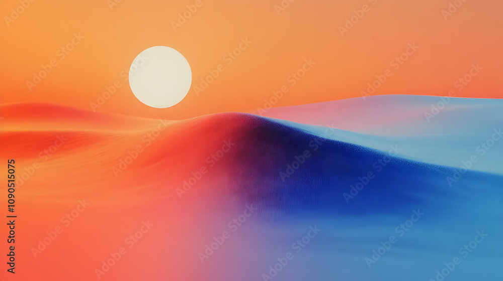 Poster abstract 3d render of a desert landscape with a sun and a blue and orange gradient sky, creating a s