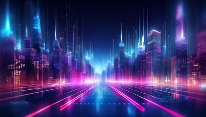 A vibrant, futuristic cityscape illuminated with neon lights, featuring tall buildings and a dynamic, glowing atmosphere.