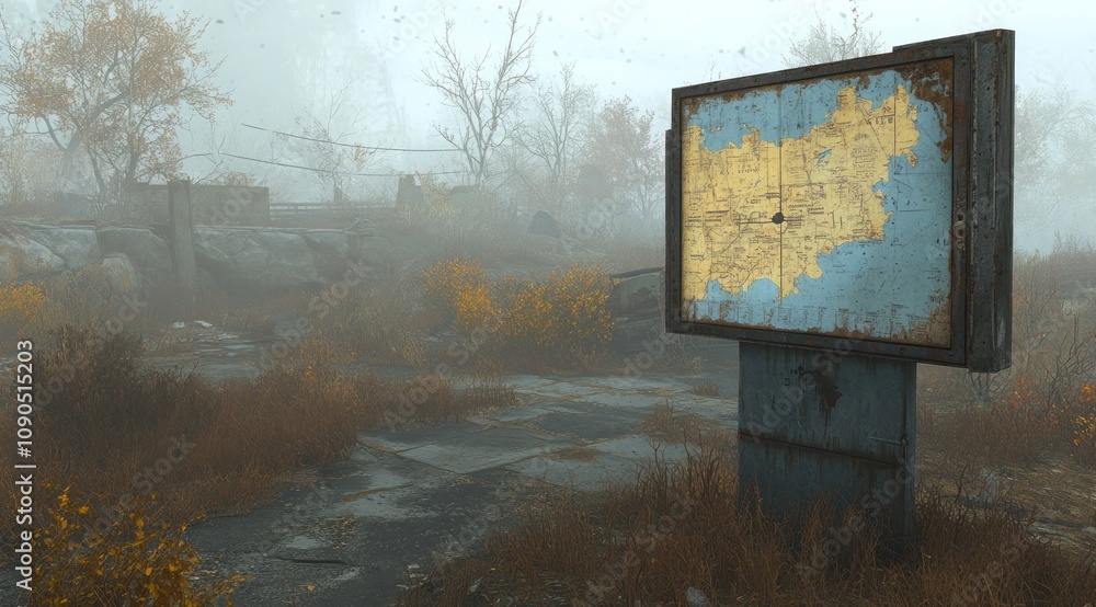 Poster A weathered map sign in a desolate, overgrown area with fog and barren trees.