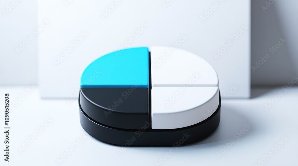 Poster a circular, segmented object with blue, white, and black sections, likely a design or toy.