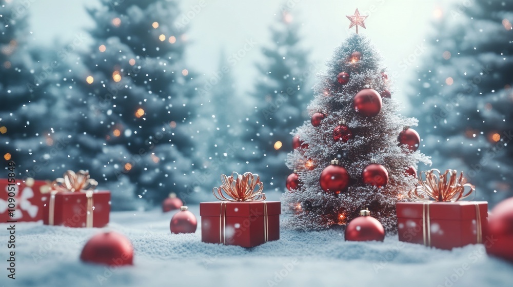 Poster A red christmas tree with red balls on it is surrounded by red boxes