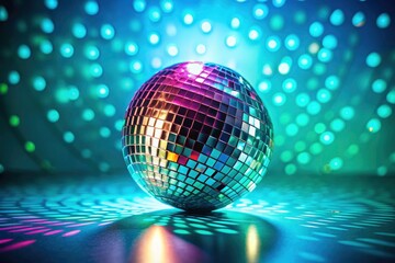 Obraz premium Shiny Disco Ball on Turquoise Background with Rainbow Reflection - Vibrant Party Decor, Colorful Light Effects, Retro Aesthetics, Event Ambiance, Fun 