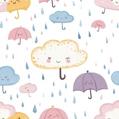Illustration Background drawing is designed in a cute style. It is an image of a cartoon umbrella and raindrops in a fun character, bright, pastel colors, to be used in various design works.