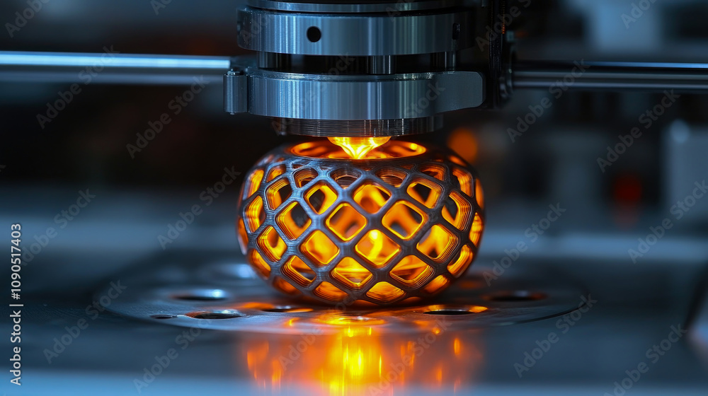 Poster a detailed process of 3d printing showcases a lattice-patterned object being formed with bright molt