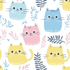 Obraz premium Illustrations, background drawings are designed in a cute style. They are images of cartoon cats in fun and diverse characters. They are in bright, pastel colors to be used in various designs.