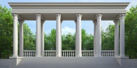 Fototapeta premium Classical portico with six columns, balustrade, and steps, set against a backdrop of lush greenery under a bright sky.