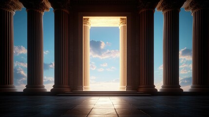Fototapeta premium Majestic temple interior with columns framing a bright sunrise view.