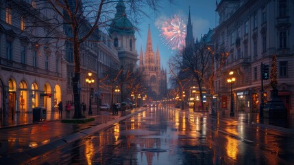 Naklejka premium A rainy street scene with fireworks illuminating a historic city.