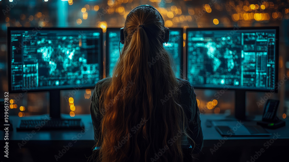 Poster individual wearing headphones is focused on multiple glowing computer screens filled with data and g