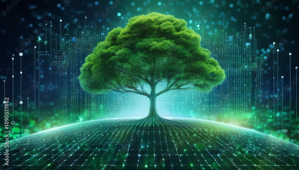 Poster a vibrant tree stands on a digital landscape, symbolizing the connection between nature and technolo