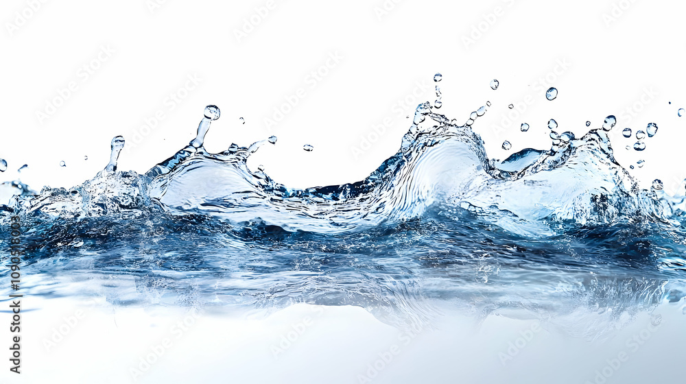 Poster water splashing and creating a wave on a white background with drops of water in the air