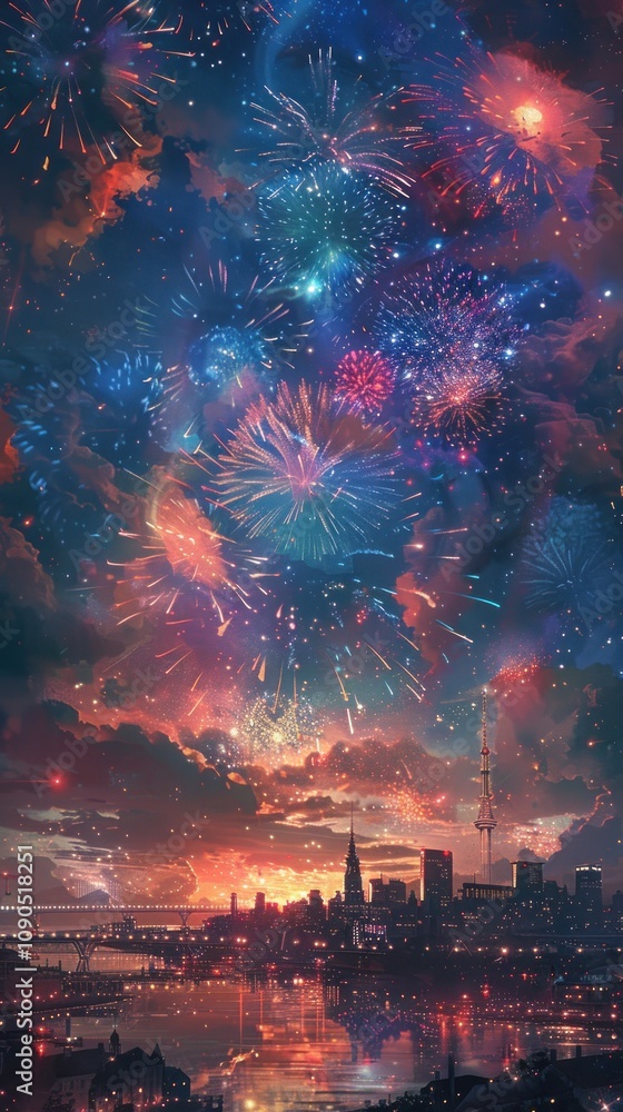 Poster a vibrant night sky over a city skyline, filled with colorful fireworks exploding in the air, creati