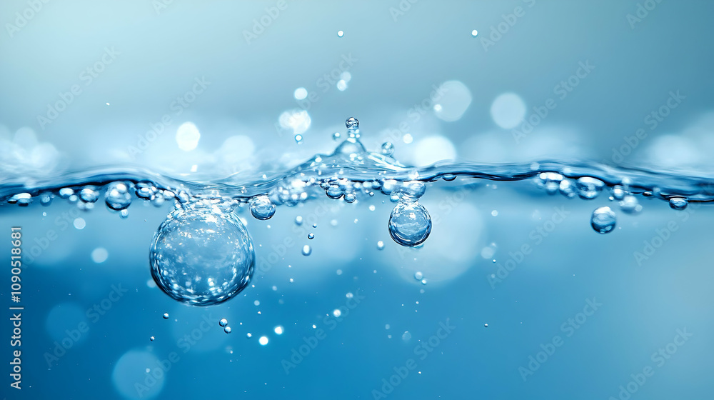 Poster abstract blue water surface with bubbles and a soft background, a close-up of a splashing water wave