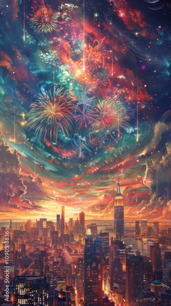 Poster a vibrant, abstract cityscape with fireworks exploding in the sky above.