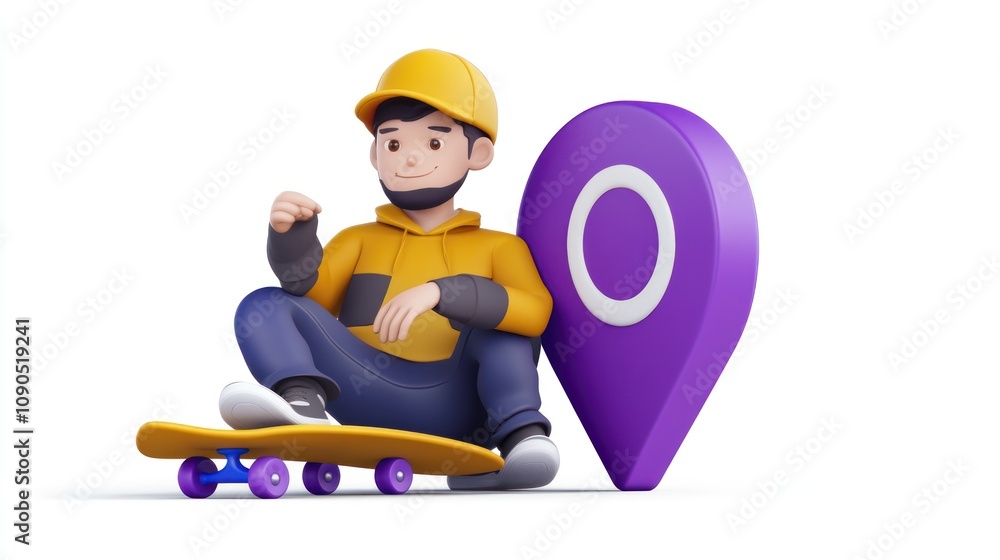 Poster a cartoon character sitting on a skateboard next to a location pin symbol.