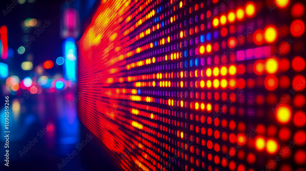 Poster a digital display illuminates the night, surrounded by the glow of city lights, creating a lively at